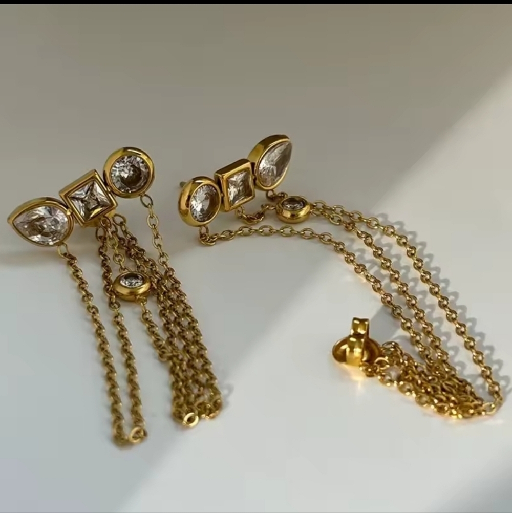 New Gold Triple Chain Bezel CZ Drop Earrings Gold Plated Set And Stones | NWOT - Picture 3 of 7